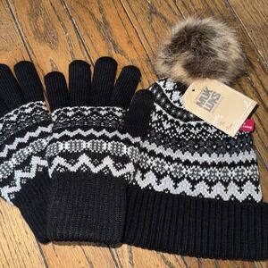 Muk Luks Women's Fair Isle Beanie Hat And Glove Set Black Gray Brown Fur Ball